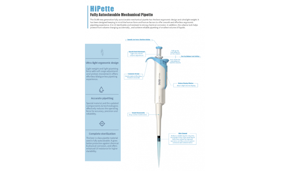 DLAB MicroPette Plus Tek Kanallı Ayarlanabilir Otomatik Pipet 5-50 μL Tamamı Otoklavlanabilir