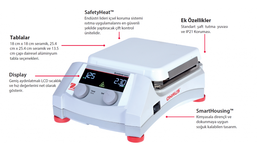 Ohaus e-G21HS07C Isıtıcılı Manyetik Karıştırıcı, 60-1600 rpm, 80-500°C, 15l, 18x18cm, Seramik, Analog