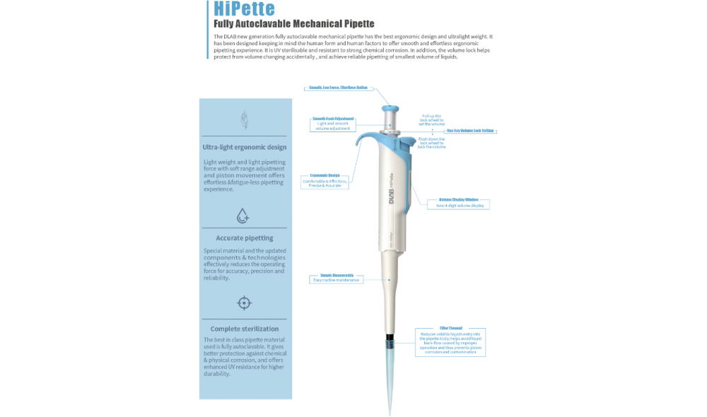 DLAB HiPette Ayarlanabilir Otomatik Pipet 0.5-10 μL UV Sterilizasyona Uygun ve Tamamı Otoklavlanabilir